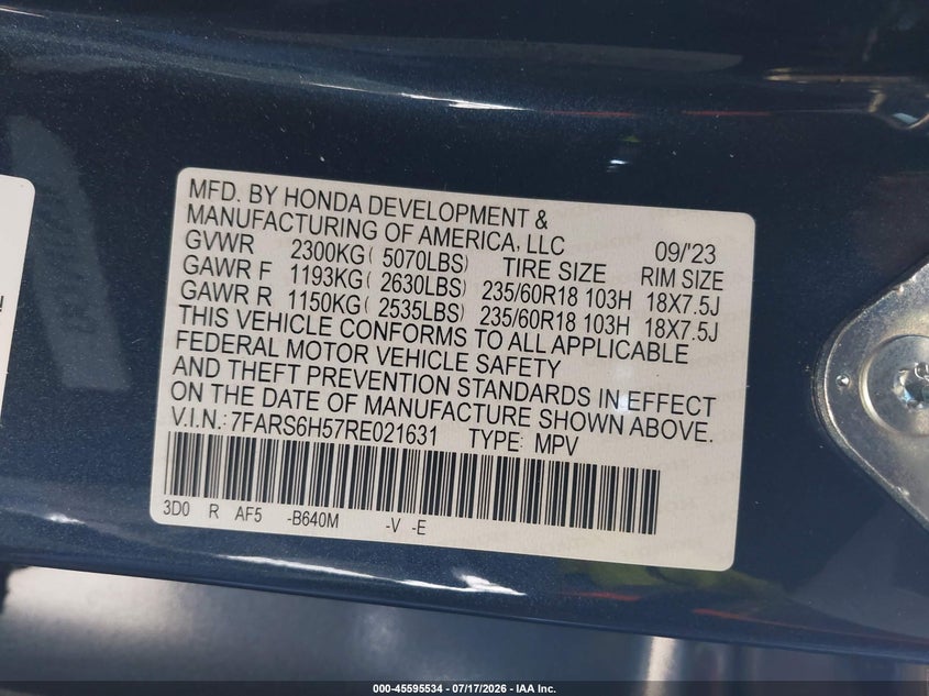 2024 Honda Cr-v VIN 7FARS6H57RE021631 IAAI salvage auction — FRONT END, Wait Title, sold $9,200 on 2026-08-03 (photo 9)