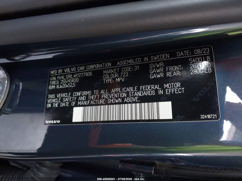 2024 Volvo Xc60 VIN YV4L12RL4R1777806 IAAI salvage auction — REAR END, Salvage Title, sold $11,700 on 2026-08-06 (photo 9)