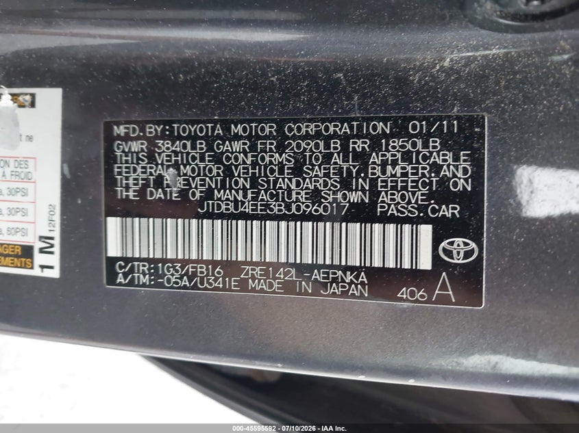 2011 Toyota Corolla VIN JTDBU4EE3BJ096017 IAAI salvage auction — NORMAL WEAR, Clear (New York), sold $1,350 on 2026-07-14 (photo 9)
