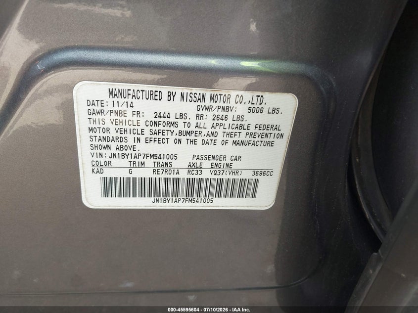 2015 Infiniti Q70 VIN JN1BY1AP7FM541005 IAAI salvage auction — SIDE, Salvage Title, sold $1,700 on 2026-07-29 (photo 9)