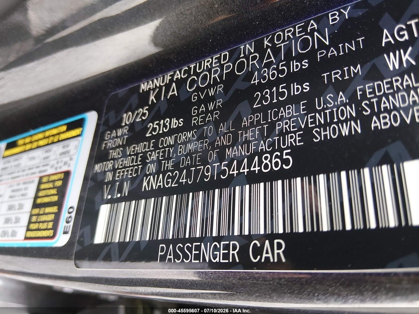 2026 Kia K5 VIN KNAG24J79T5444865 IAAI salvage auction — LEFT FRONT, Salvage Title, sold $4,600 on 2026-07-15 (photo 9)