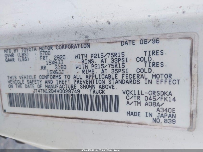 1997 Toyota T100 VIN JT4TN12D4V0028749 IAAI salvage auction — NORMAL WEAR, Salvage (North Carolina), sold $875 on 2026-07-16 (photo 9)