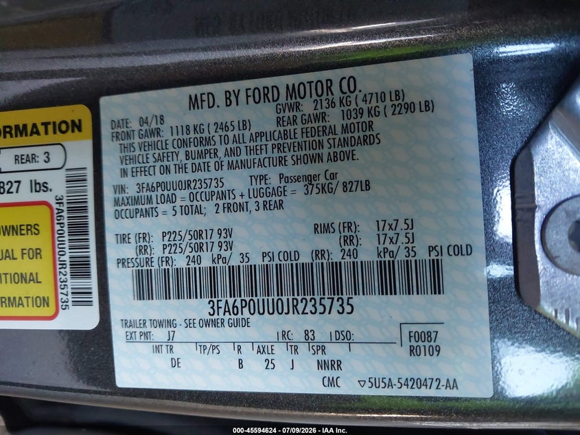 2018 Ford Fusion VIN 3FA6P0UU0JR235735 IAAI salvage auction — NORMAL WEAR, Sf97 (California), sold $9,125 on 2026-07-30 (photo 9)