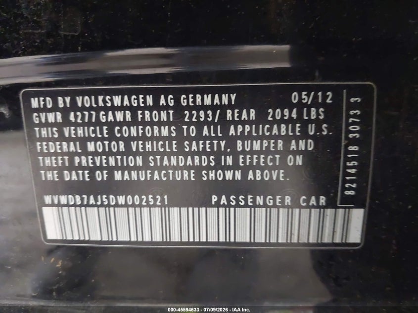 2013 Volkswagen Golf VIN WVWDB7AJ5DW002521 IAAI salvage auction — NORMAL WEAR, Wait Title, sold $750 on 2026-08-19 (photo 9)