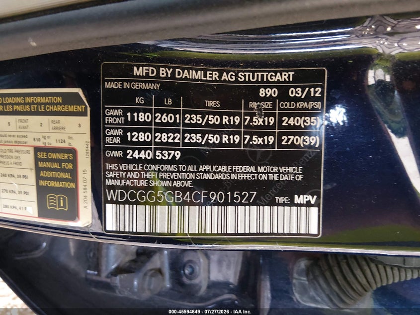 2012 Mercedes-benz Glk-klasse VIN WDCGG5GB4CF901527 IAAI salvage auction — REPOSSESSION, Salvage Title, sold $2,175 on 2026-07-31 (photo 9)