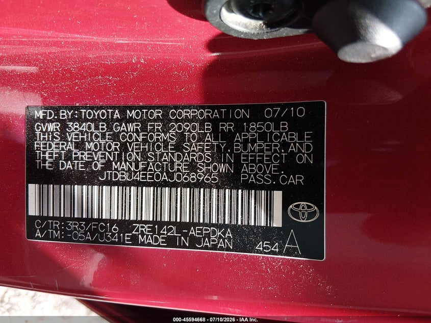 2010 Toyota Corolla VIN JTDBU4EE0AJ068965 IAAI salvage auction — LEFT FRONT, Salvage (Ohio), sold $975 on 2026-07-31 (photo 9)