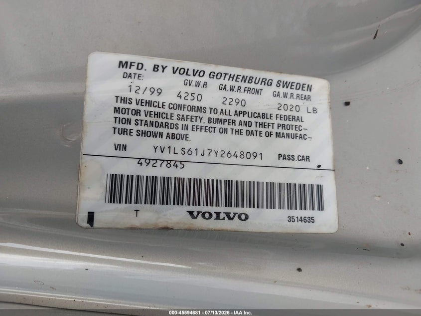 2000 Volvo S70 VIN YV1LS61J7Y2648091 IAAI salvage auction — NORMAL WEAR, Clear (Florida), sold $25 on 2026-07-23 (photo 9)