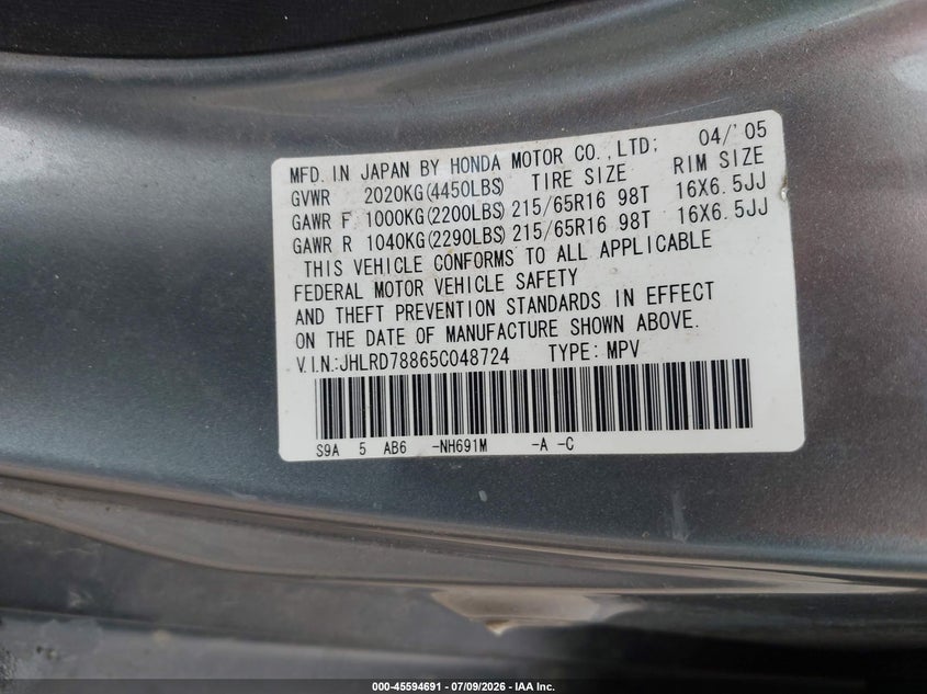 2005 Honda Cr-v VIN JHLRD78865C048724 IAAI salvage auction — NORMAL WEAR, Clear (Michigan), sold $1,050 on 2026-07-30 (photo 9)
