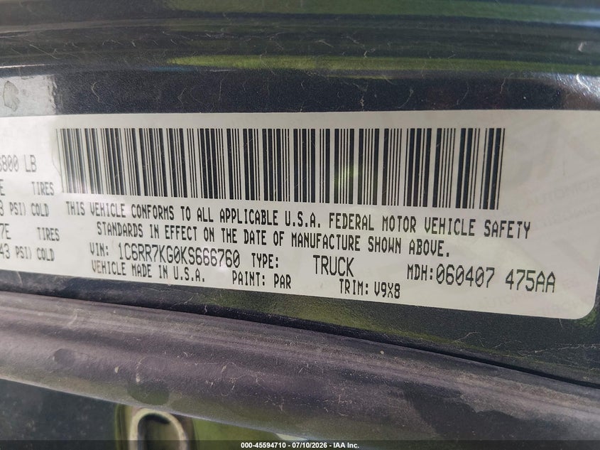 2019 Ram 1500 VIN 1C6RR7KG0KS666760 IAAI salvage auction — NORMAL WEAR, Sf97 (Nevada), sold $16,100 on 2026-07-30 (photo 9)