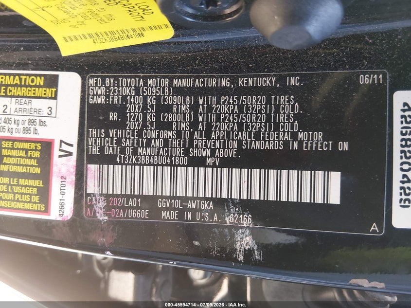 2011 Toyota Venza VIN 4T3ZK3BB4BU041800 IAAI salvage auction — RIGHT SIDE, App For Dup Clear (California), sold $125 on 2026-07-17 (photo 9)