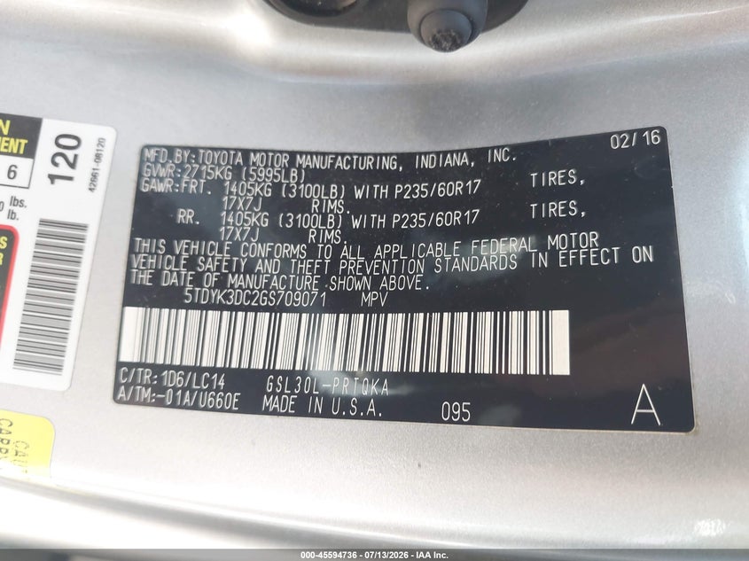 2016 Toyota Sienna VIN 5TDYK3DC2GS709071 IAAI salvage auction — HAIL, Salvage Title, sold $2,800 on 2026-07-28 (photo 9)