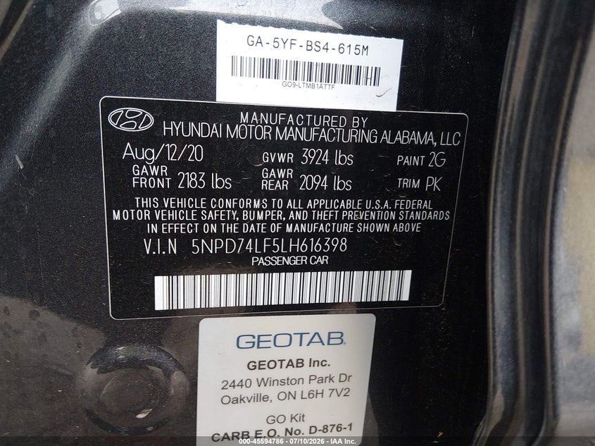 2020 Hyundai Elantra VIN 5NPD74LF5LH616398 IAAI salvage auction — NORMAL WEAR, SF97 (California), sold $11,500 on 2026-08-25 (photo 9)