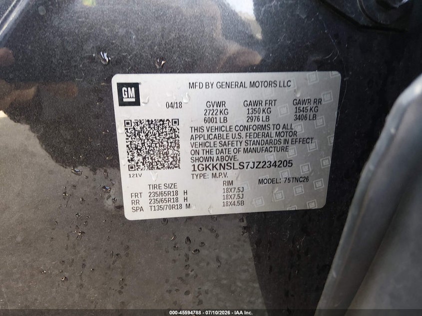 2018 Gmc Acadia VIN 1GKKNSLS7JZ234205 IAAI salvage auction — NORMAL WEAR, SF97 (California), sold $9,000 on 2026-08-25 (photo 9)