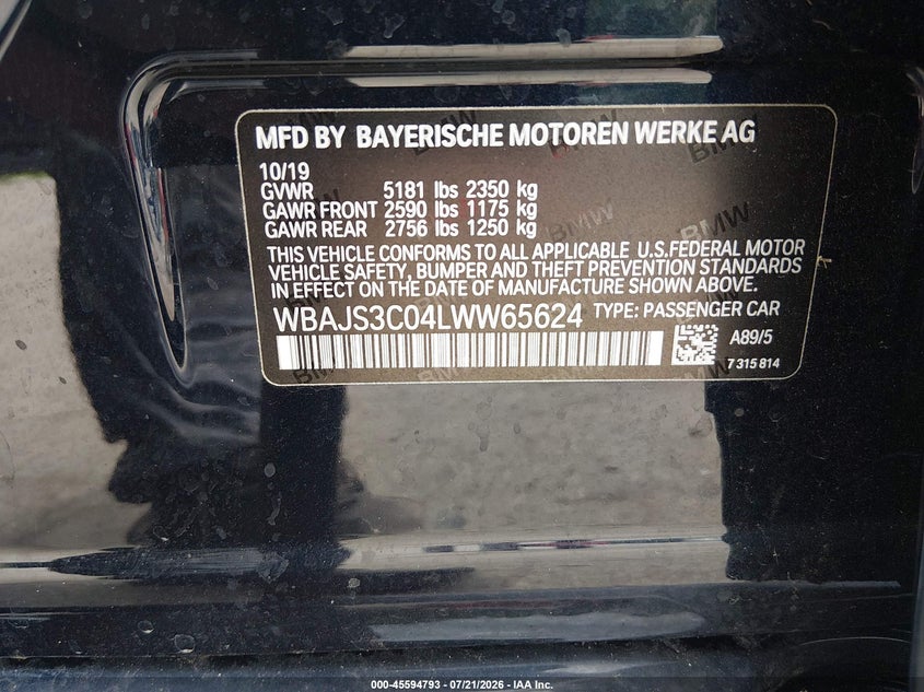 2020 BMW 5er VIN WBAJS3C04LWW65624 IAAI salvage auction — LEFT SIDE, Salvage Title, sold $15,500 on 2026-08-20 (photo 9)
