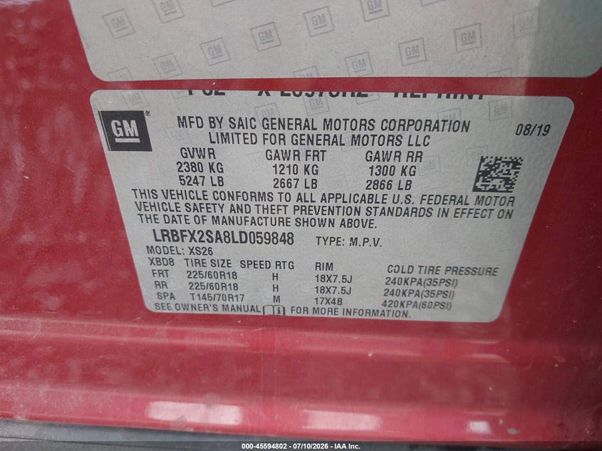 2020 Buick Envision VIN LRBFX2SA8LD059848 IAAI salvage auction — LEFT FRONT, Mv-907A (New York), sold $2,300 on 2026-07-28 (photo 9)