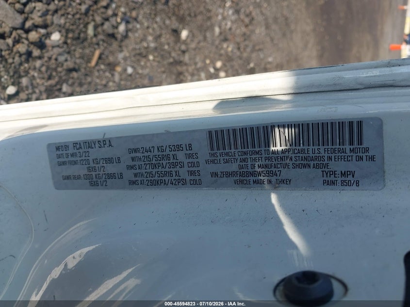 2022 Ram Promaster city VIN ZFBHRFAB8N6W59947 IAAI salvage auction — SIDE, Clear (New York), sold $7,600 on 2026-07-28 (photo 9)