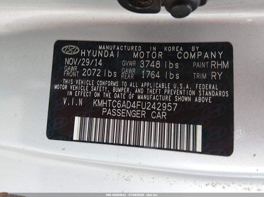2015 Hyundai Veloster VIN KMHTC6AD4FU242957 IAAI salvage auction — NORMAL WEAR, Clear (Missouri), sold $600 on 2026-07-20 (photo 9)