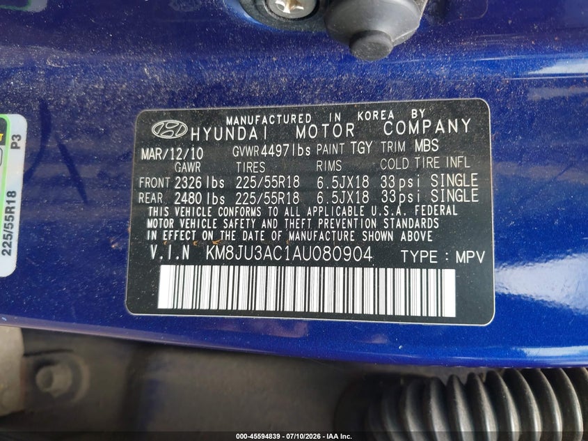 2010 Hyundai Tucson VIN KM8JU3AC1AU080904 IAAI salvage auction — NORMAL WEAR, Clear (Massachusetts), sold $1,050 on 2026-07-15 (photo 9)
