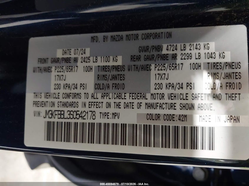 2025 Mazda Cx-5 VIN JM3KFBBL3S0542178 IAAI salvage auction — FRONT & REAR, Wait Title, sold $7,250 on 2026-09-11 (photo 9)