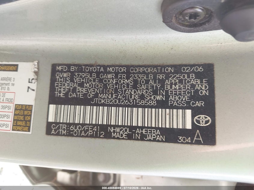 2006 Toyota Prius VIN JTDKB20U263158588 IAAI salvage auction — RIGHT FRONT, Clear (Florida), sold $300 on 2026-07-16 (photo 9)