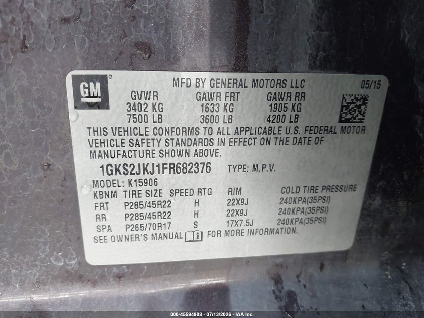 2015 Gmc Yukon VIN 1GKS2JKJ1FR682376 IAAI salvage auction — HAIL, Salvage (Nebraska), sold $5,400 on 2026-08-01 (photo 9)