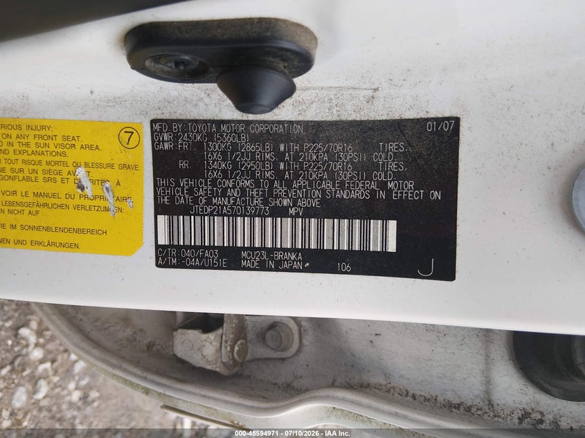2007 Toyota Highlander VIN JTEDP21A570139773 IAAI salvage auction — FRONT END, Salvage (Tennessee), sold $675 on 2026-07-23 (photo 9)