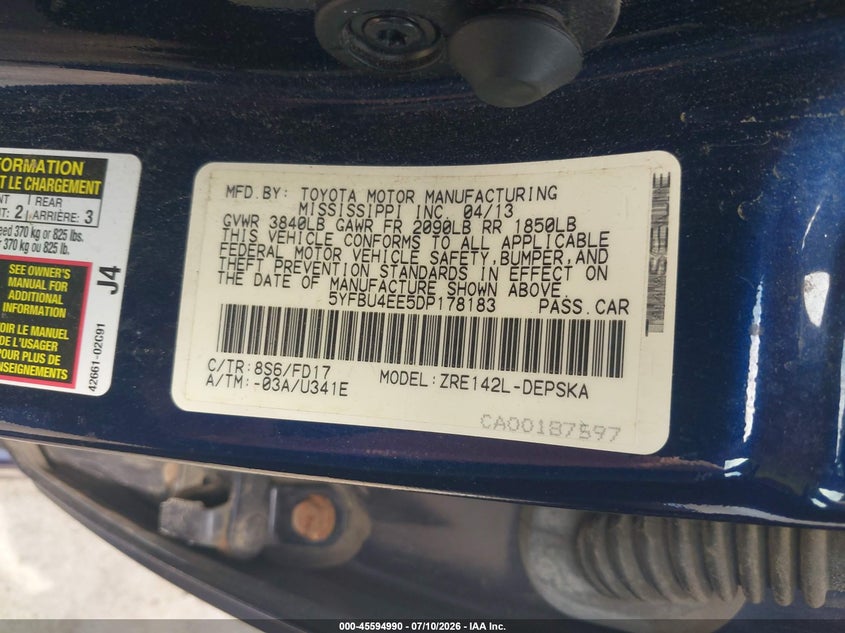 2013 Toyota Corolla VIN 5YFBU4EE5DP178183 IAAI salvage auction — FRONT END, Salvage Title, sold $2,350 on 2026-07-18 (photo 9)