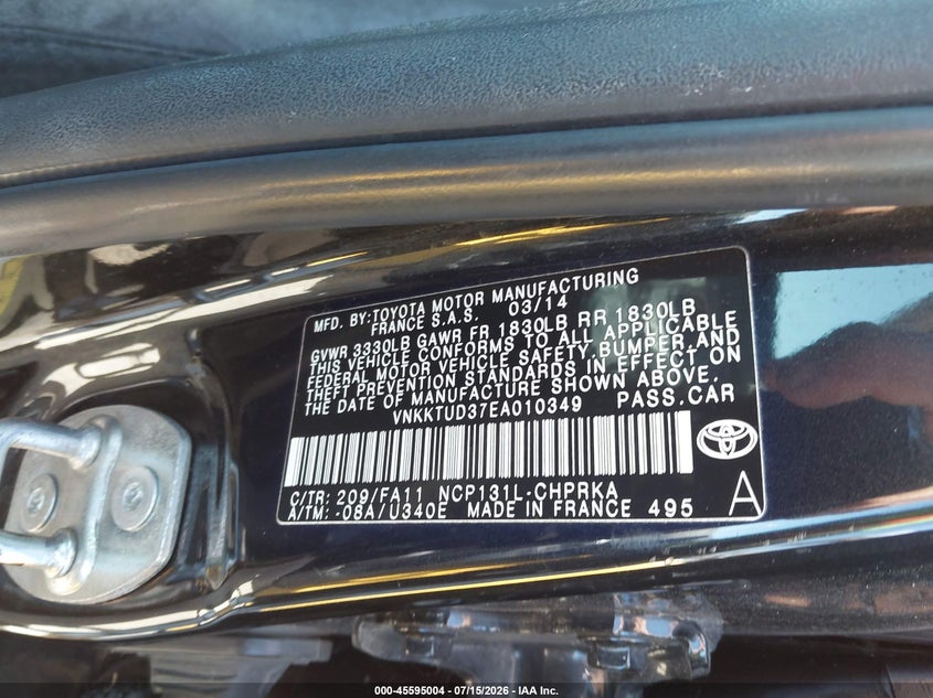 2014 Toyota Yaris VIN VNKKTUD37EA010349 IAAI salvage auction — NORMAL WEAR, Clear - Dealer Only (California), sold $1,500 on 2026-07-23 (photo 9)