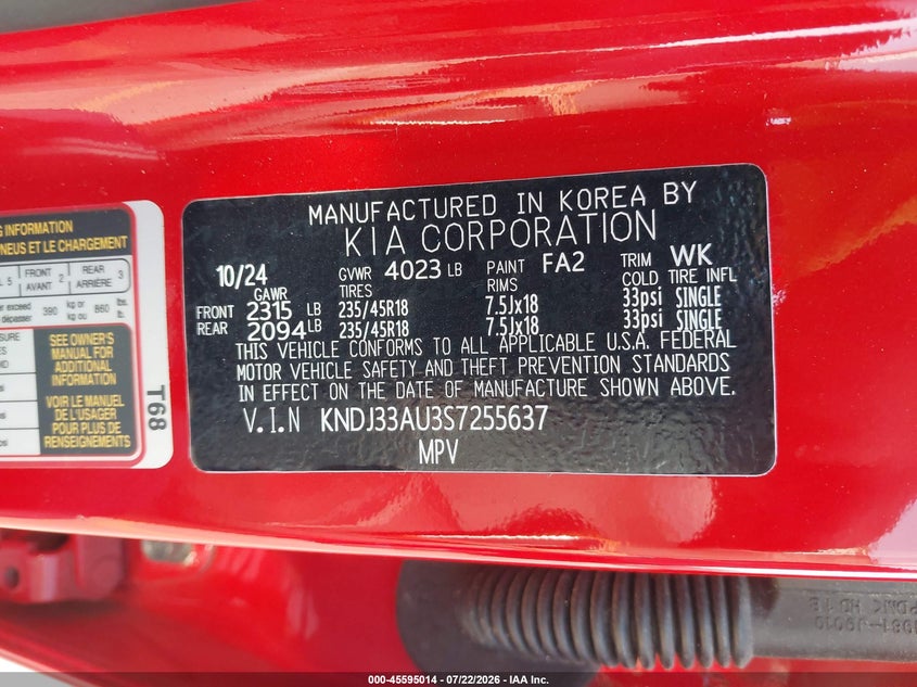 2025 Kia Soul VIN KNDJ33AU3S7255637 IAAI salvage auction — NORMAL WEAR, Clear (Texas), sold $17,800 on 2026-08-13 (photo 9)
