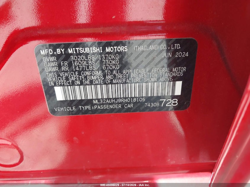 2024 Mitsubishi Mirage VIN ML32AUHJ9RH018105 IAAI salvage auction — RIGHT FRONT, Salvage Title, sold $2,125 on 2026-07-15 (photo 9)
