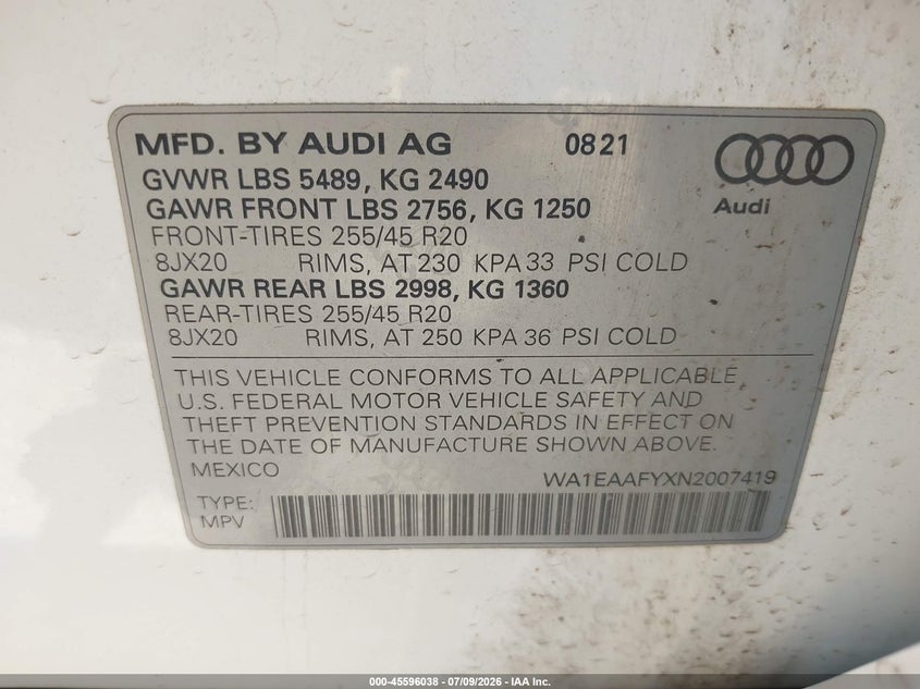 2022 Audi Q5 VIN WA1EAAFYXN2007419 IAAI salvage auction — FRONT END, Salvage Title, sold $11,600 on 2026-07-24 (photo 9)