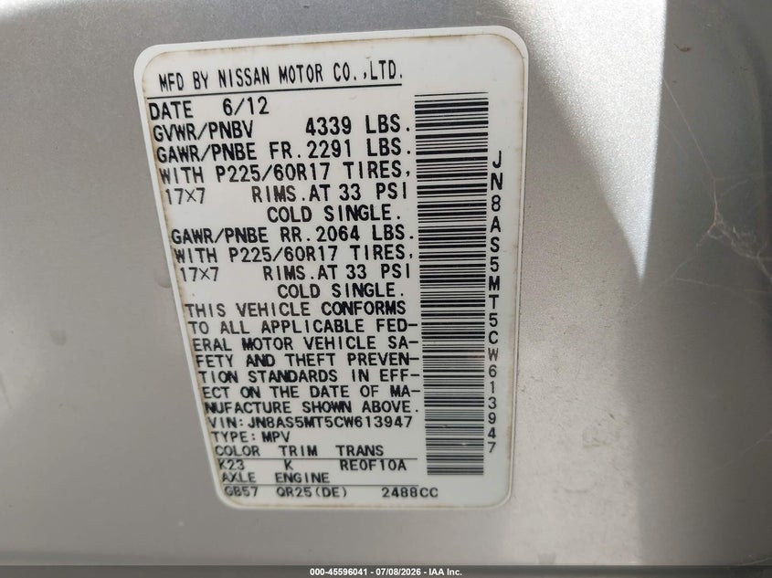 2012 Nissan Rogue VIN JN8AS5MT5CW613947 IAAI salvage auction — REAR END, Salvage Title, sold $500 on 2026-07-28 (photo 9)