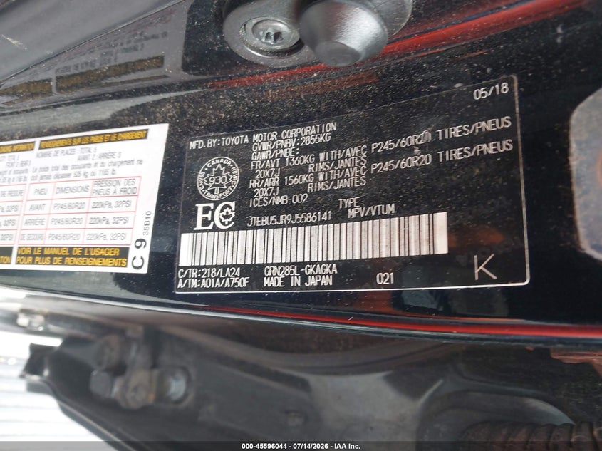 2018 Toyota 4runner VIN JTEBU5JR9J5586141 IAAI salvage auction — REAR END, Salvage (Mississippi), sold $13,100 on 2026-07-31 (photo 9)