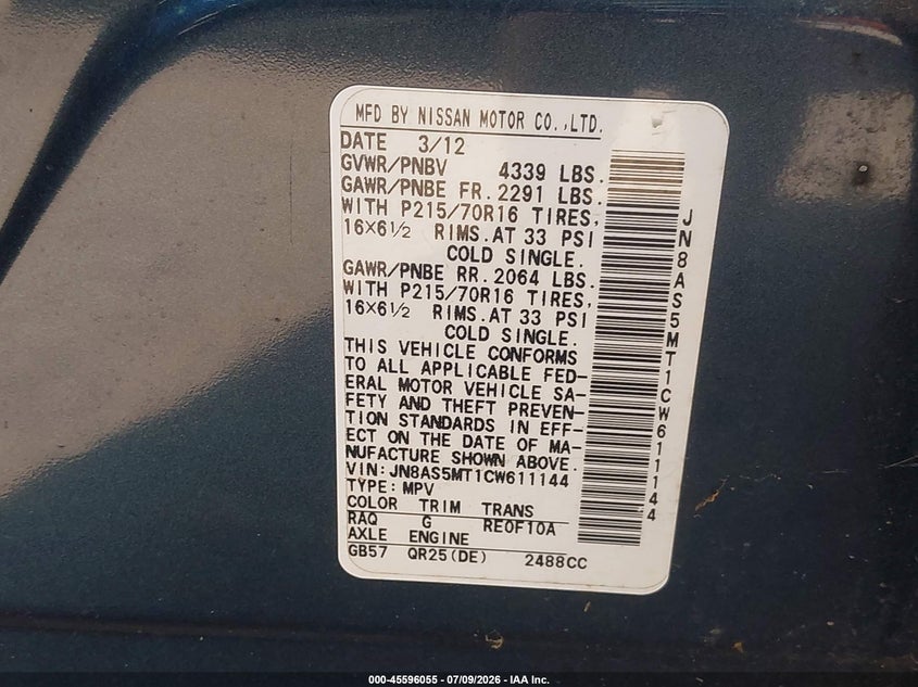 2012 Nissan Rogue sport VIN JN8AS5MT1CW611144 IAAI salvage auction — NORMAL WEAR, Clear (Washington), sold $375 on 2026-07-29 (photo 9)
