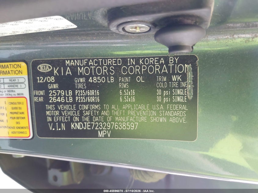 2009 Kia Sportage VIN KNDJE723297638597 IAAI salvage auction — REAR END, Bill Of Sale (Washington), sold $25 on 2026-07-29 (photo 9)