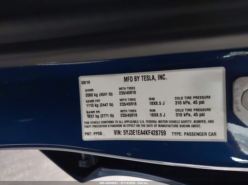 2019 Tesla Model 3 VIN 5YJ3E1EA4KF428759 IAAI salvage auction — RIGHT FRONT, Salvage Title, sold $4,200 on 2026-08-02 (photo 9)