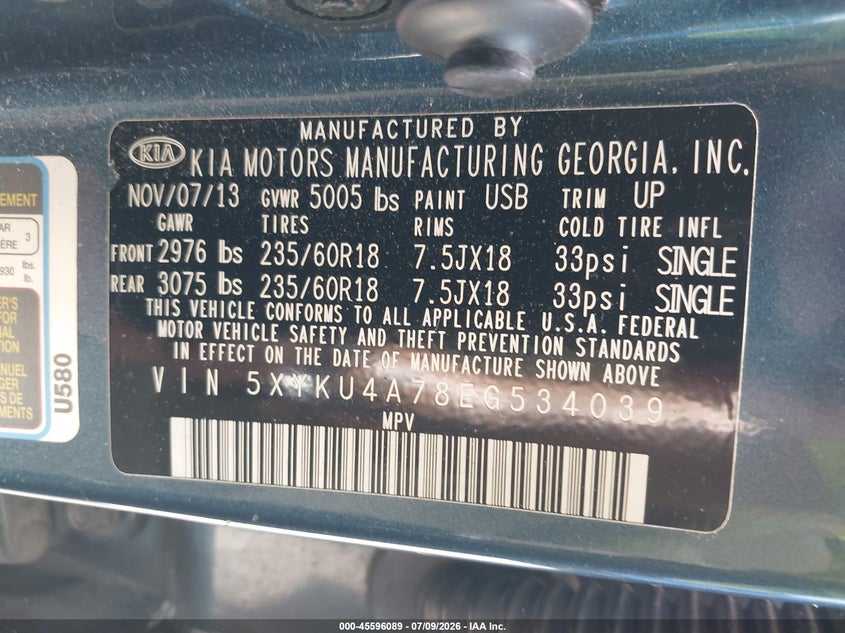 2014 Kia Sorento VIN 5XYKU4A78EG534039 IAAI salvage auction — LEFT REAR, Salvage Title, sold $1,300 on 2026-07-23 (photo 9)