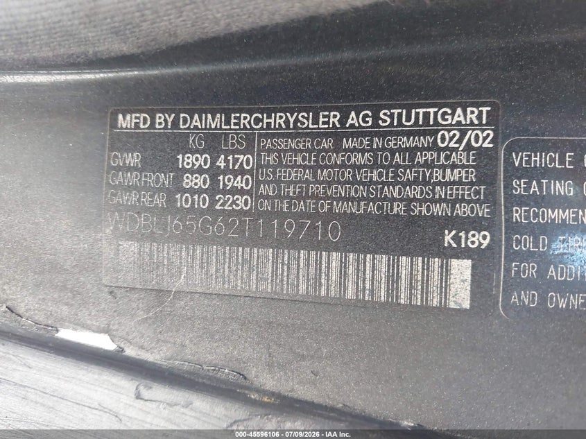2002 Mercedes-benz Clk-class VIN WDBLJ65G62T119710 IAAI salvage auction — NORMAL WEAR, Clear - Dealer Only (California), sold $275 on 2026-07-30 (photo 9)