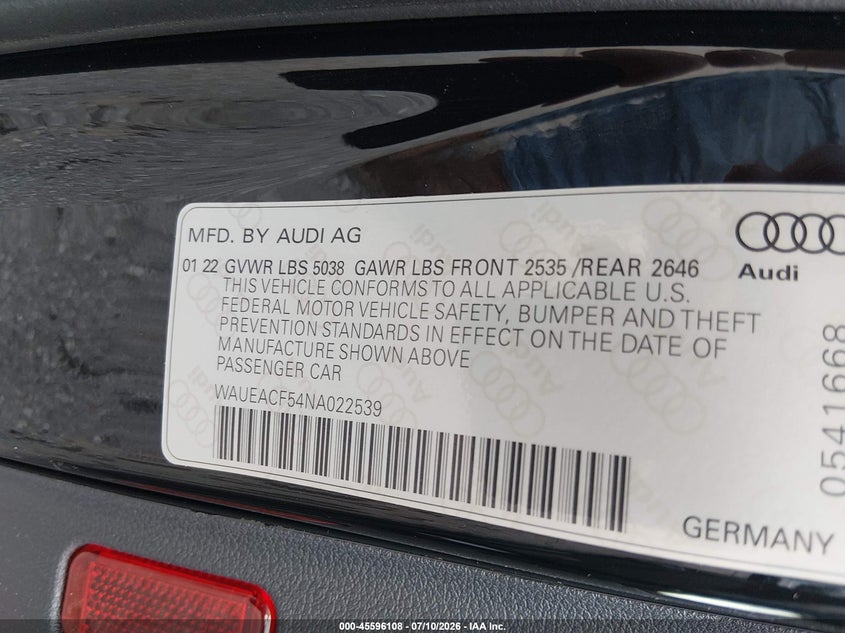 2022 Audi A5 VIN WAUEACF54NA022539 IAAI salvage auction — RIGHT SIDE, Salvage (Missouri), sold $9,900 on 2026-07-30 (photo 9)