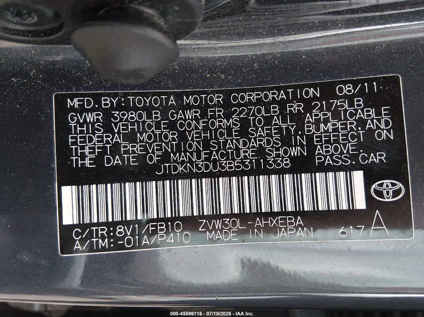 2011 Toyota Prius VIN JTDKN3DU3B5311338 IAAI salvage auction — FRONT END, Bill Of Sale (Washington), sold $1,050 on 2026-07-18 (photo 9)