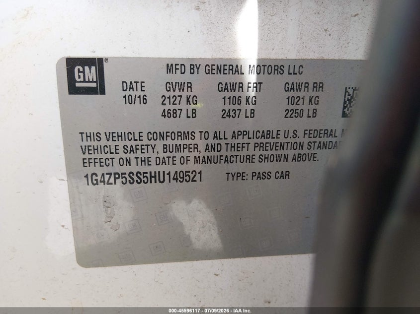 2017 Buick Lacrosse VIN 1G4ZP5SS5HU149521 IAAI salvage auction — FRONT END, Salvage Title, sold $1,700 on 2026-08-02 (photo 9)