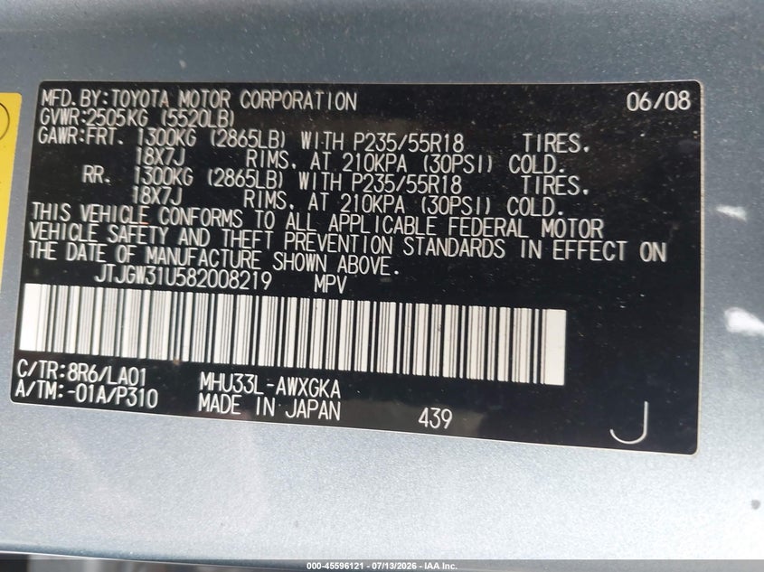 2008 Lexus Rx 400h VIN JTJGW31U582008219 IAAI salvage auction — NORMAL WEAR, Clear - Dealer Only (California), sold $1,000 on 2026-07-28 (photo 9)
