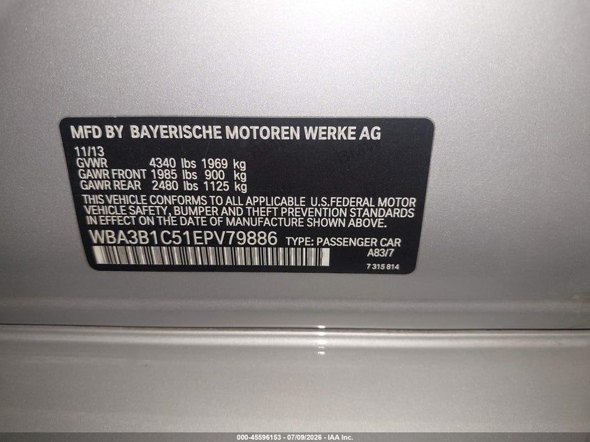 2014 BMW 3er VIN WBA3B1C51EPV79886 IAAI salvage auction — FRONT & REAR, Salvage (Arizona), sold $1,200 on 2026-07-29 (photo 9)