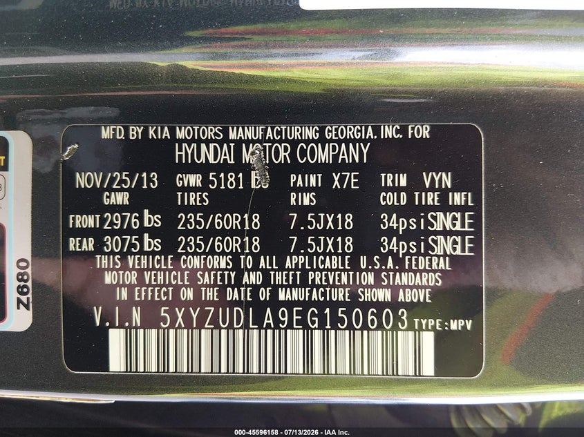 2014 Hyundai Santa fe VIN 5XYZUDLA9EG150603 IAAI salvage auction — FRONT & REAR, Salvage (Connecticut), sold $1,150 on 2026-07-30 (photo 9)