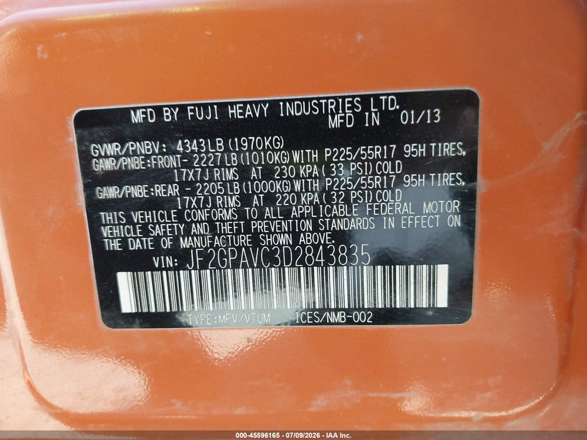 2013 Subaru Xv crosstrek VIN JF2GPAVC3D2843835 IAAI salvage auction — NORMAL WEAR, Clear (Washington), sold $2,550 on 2026-07-15 (photo 9)