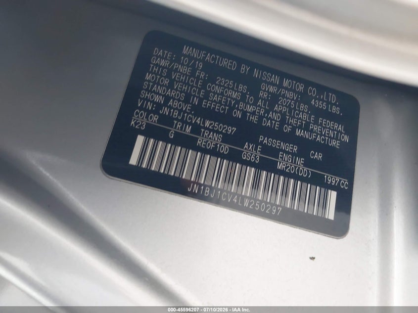 2020 Nissan Rogue VIN JN1BJ1CV4LW250297 IAAI salvage auction — FRONT END, Salvage Title, sold $2,450 on 2026-08-01 (photo 9)