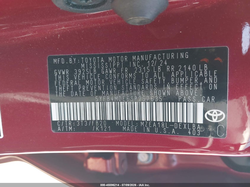 2025 Toyota Corolla VIN 5YFB4MDE6SP257635 IAAI salvage auction — RIGHT FRONT, Salvage Title, sold $4,700 on 2026-07-15 (photo 9)