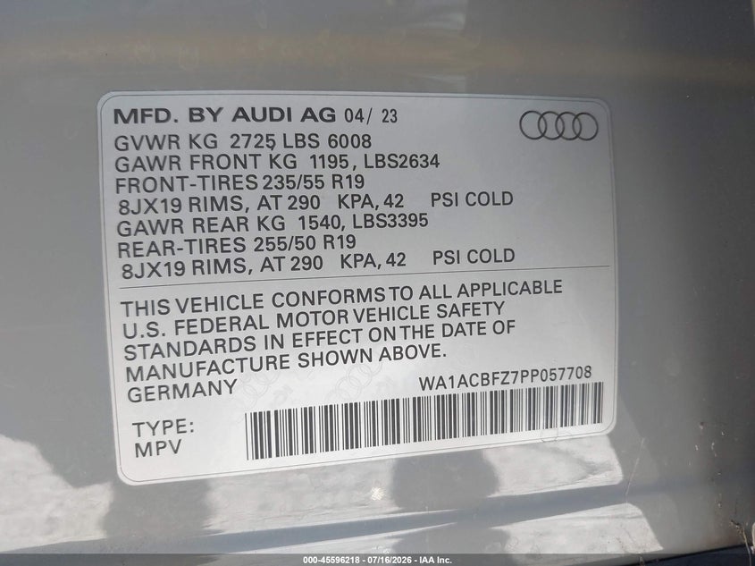 2023 Audi Q4 e-tron VIN WA1ACBFZ7PP057708 IAAI salvage auction — REAR END, Salvage Title, sold $14,400 on 2026-09-06 (photo 9)
