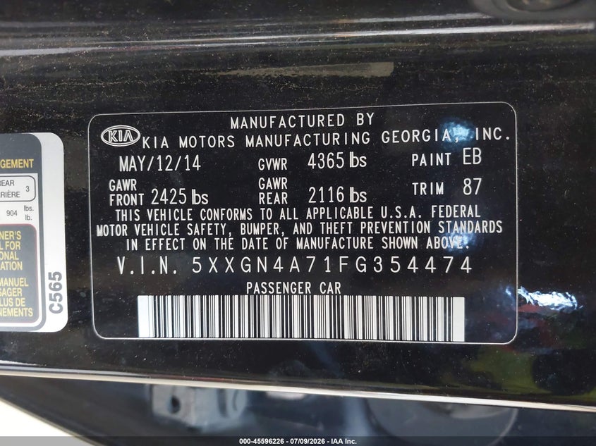 2015 Kia Optima VIN 5XXGN4A71FG354474 IAAI salvage auction — NORMAL WEAR, Clear (Utah), sold $200 on 2026-07-29 (photo 9)