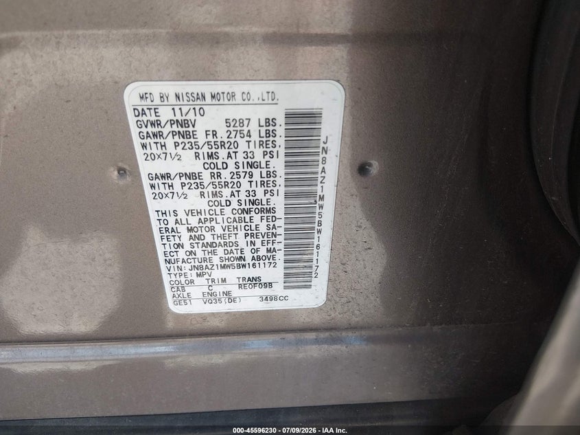 2011 Nissan Murano VIN JN8AZ1MW5BW161172 IAAI salvage auction — NORMAL WEAR, Clear-Dealer Only (Oregon), sold $375 on 2026-07-23 (photo 9)